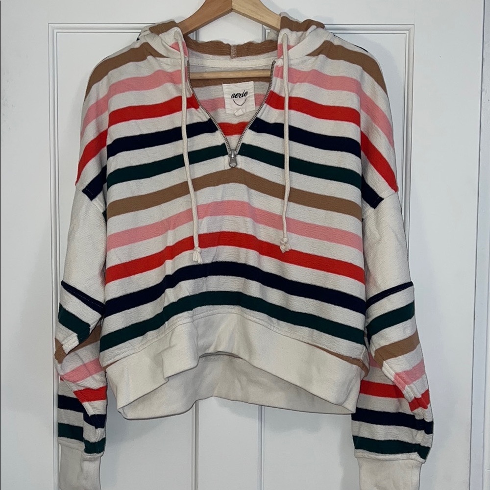 Aerie Red and Pink Asymmetrical Long Sleeve Hoodie
